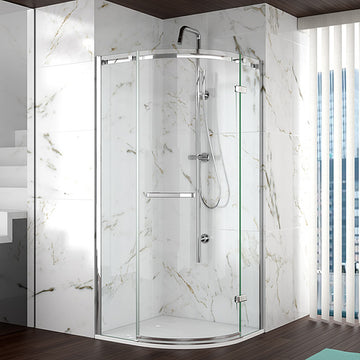 Merlyn 8 Series Frameless 1 Door Quadrant Shower Enclosure with curved glass design, chrome fittings, and minimalist wet room installation.