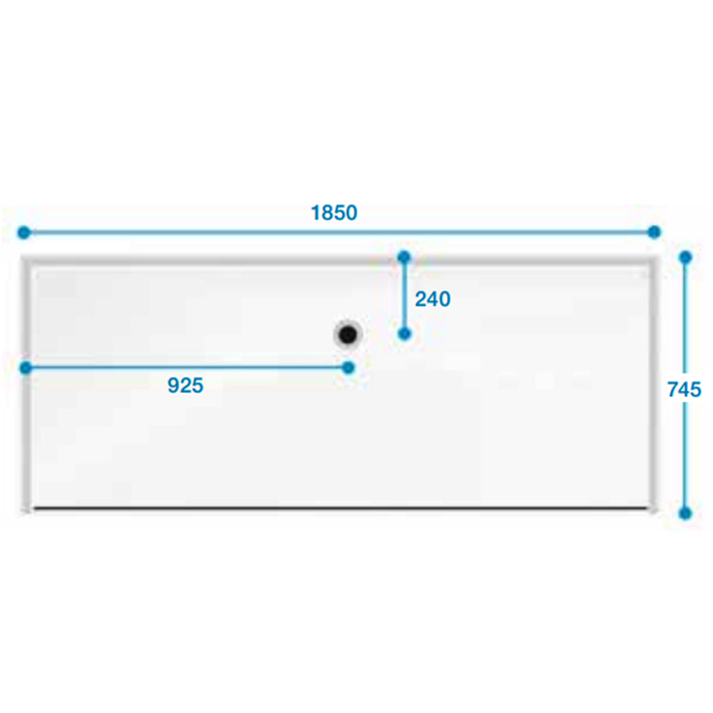 Top view dimensions of Contour Eagle Two - Bath Replacement Shower Tray 1850 x 745mm, showing waste position and tray layout for level access.
