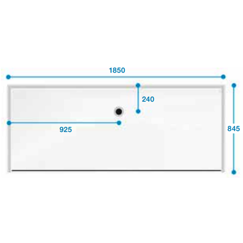 Top-down view of Contour Eagle Two Shower Tray 1850 x 845mm with precise measurements for bath replacement in mobility bathrooms.