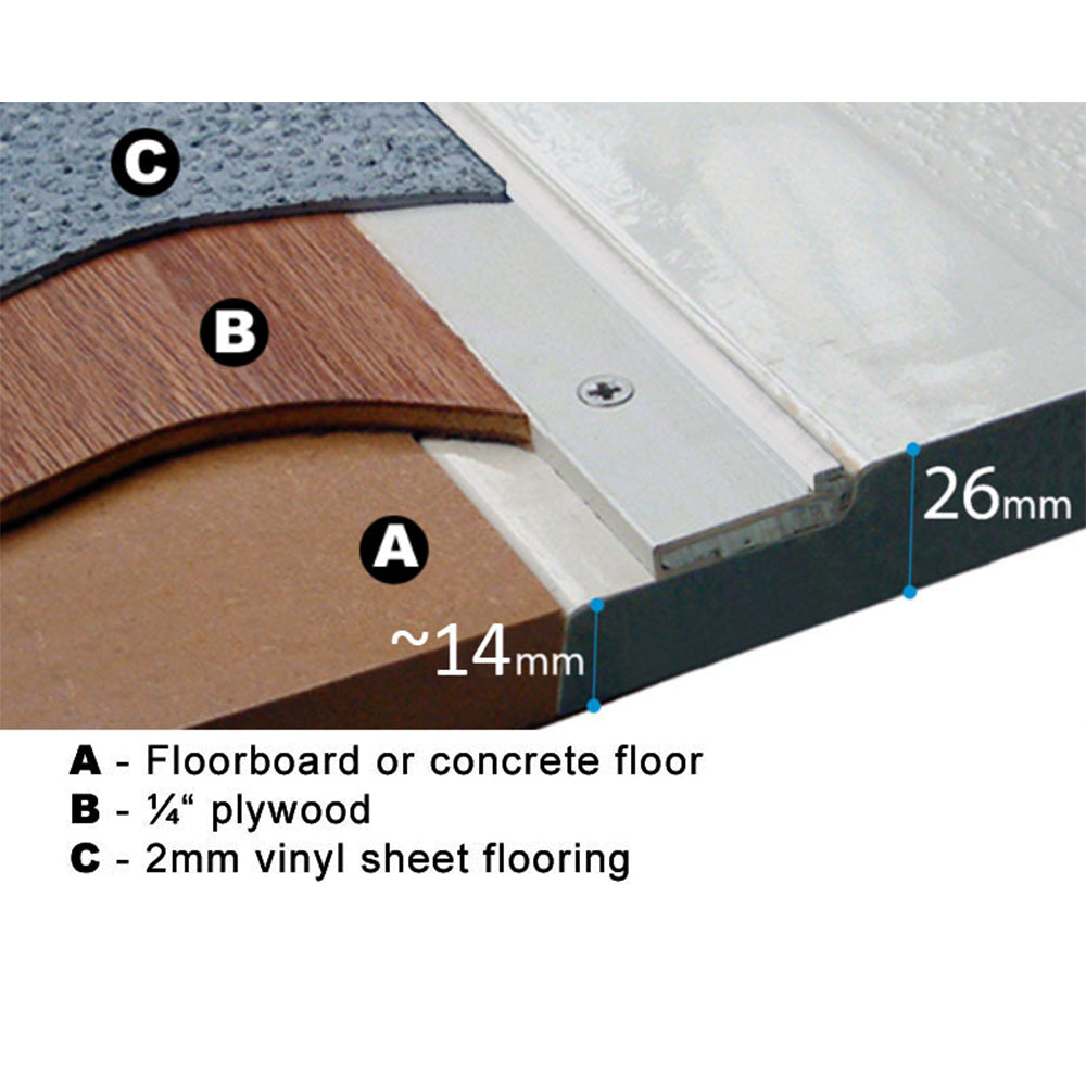 Cross-section of Contour Eagle Two shower tray installation showing floor layers and 26mm depth for level access in mobility showering.