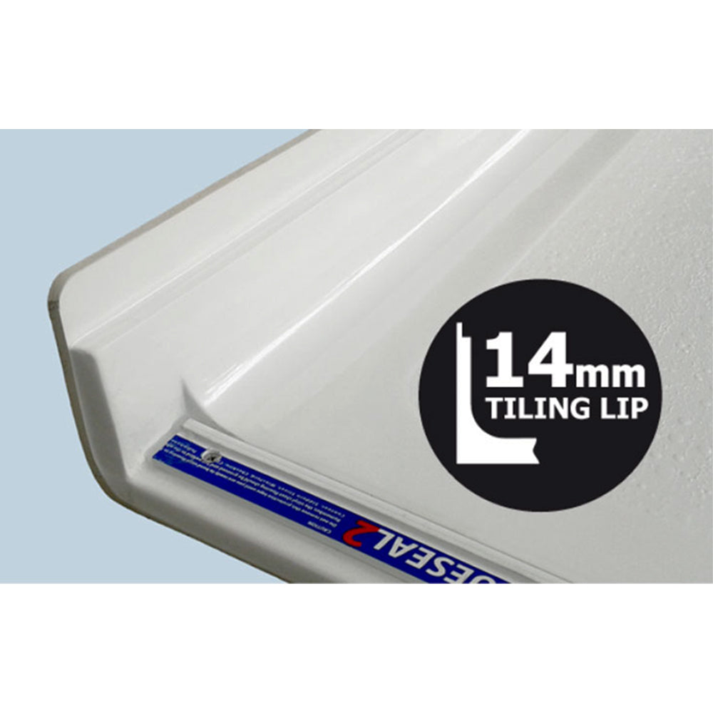 Close-up of 14mm tiling lip on Contour Eagle Two shower tray, providing secure edge for waterproof tiling in disabled access bathrooms.