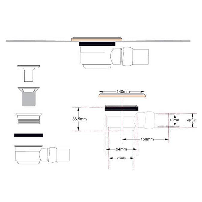 Detailed technical drawing of WetBase® offset drain assembly with measurements for accurate wet room shower tray installation.