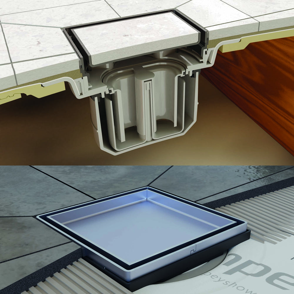 Cutaway view of tiled waste insert system for Impey Aqua Dec Easy Fit wet room tray showing installation beneath tiled floor surface.