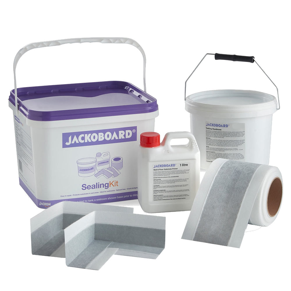 Tanking kit for XPS foam trays including sealing tape, corner pieces, liquid sealant, and application tools for wet room shower installations.