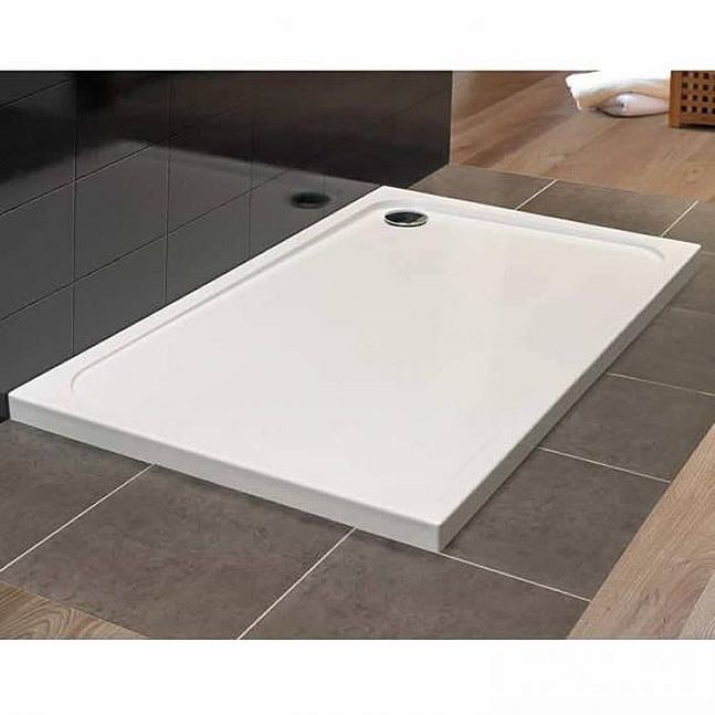 Rectangular Merlyn MStone Stone Resin Shower Tray 1200 x 900 x 50mm OFFSET QUADRANT installed on tiled floor with sleek low-profile design.