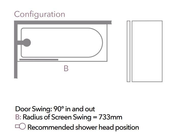 Merlyn 8mm Single Panel Square Bath Screen - MB10 installed on a modern bathtub with chrome fittings and white tiled wall in a minimalist bathroom.