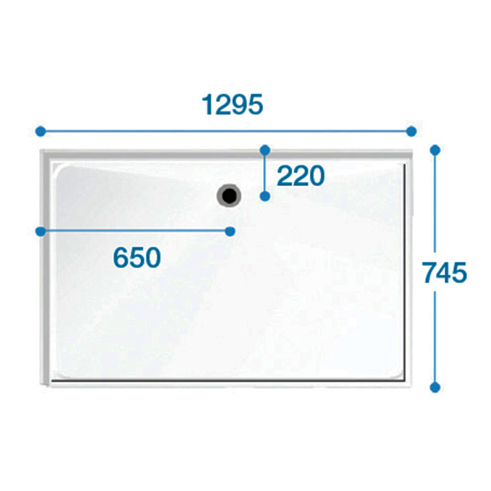 Top-down view of Contour Swift Level Access Shower Tray 1295 x 745mm with detailed measurements for accessible bathroom installations.