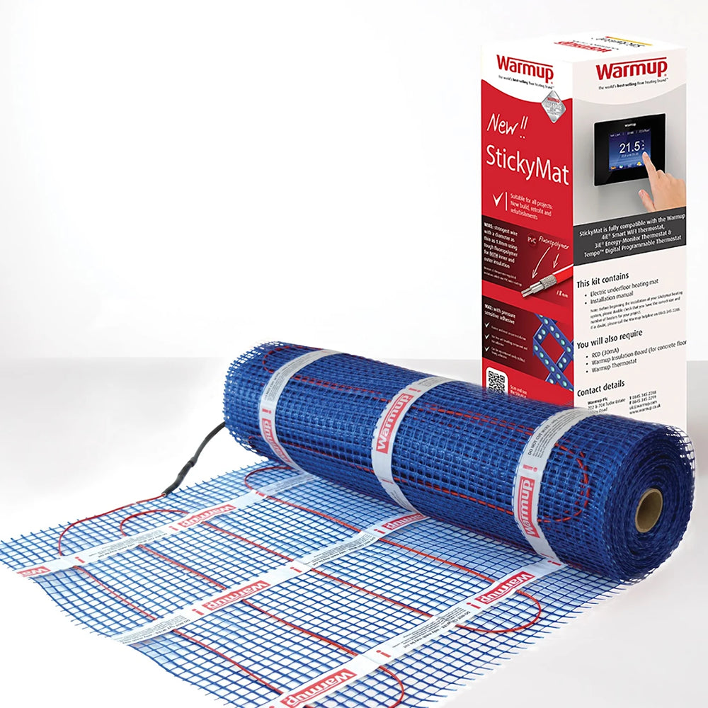 Warmup Electric Underfloor Heating Sticky Mat in red with packaging box, ideal for fast installation in home heating systems.