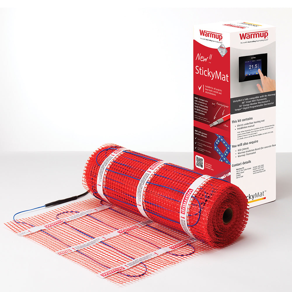 Warmup Electric Underfloor Heating Sticky Mat in red with packaging box, ideal for fast installation in home heating systems.