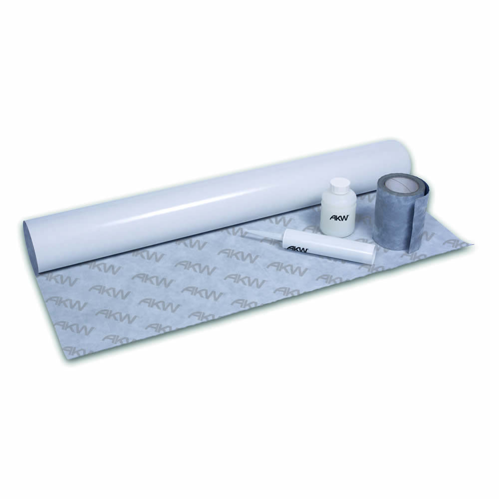AKW Tanking Kit components for Contour ShowerDec Tray - Tiled Floor Finish including membrane roll, primer, tape, and adhesive for waterproofing.
