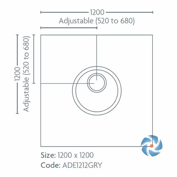 Impey Aqua Dec Easy Fit wet room tray with central drain and 1200 x 1200 x 22mm dimensions, ideal for tiled floor installations.