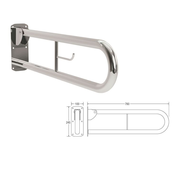 Stainless steel hinged arm support with toilet roll holder