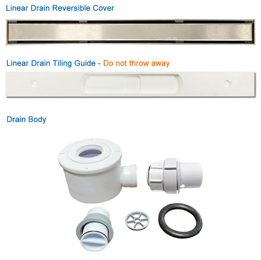 WetBase® Linear Drain Kit components, including reversible cover, tiling guide, and drain body for efficient water flow management.