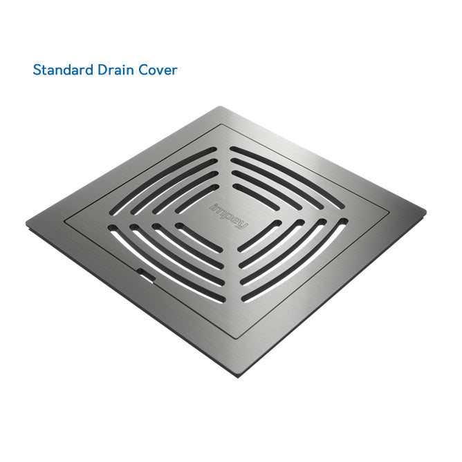 Standard stainless steel drain cover for Impey Aqua Dec Easy Fit wet room tray with modern slotted design and Impey branding.