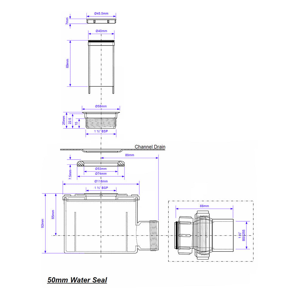 Technical drawing of 50mm water seal for WetBase® Linear Wet Room Shower Tray, detailing dimensions and drain components.