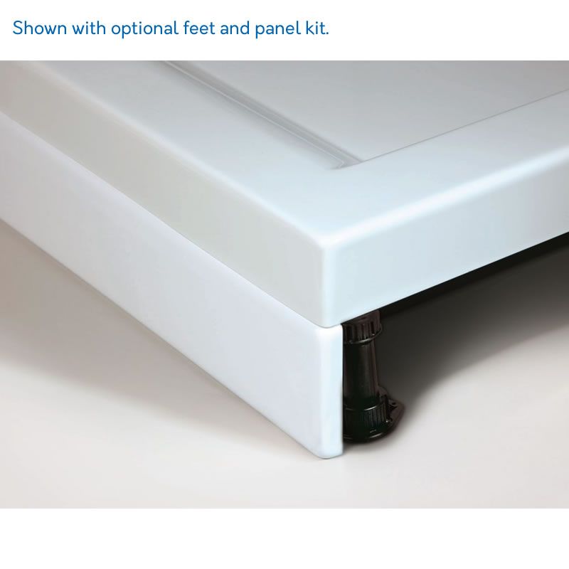 Close-up of Merlyn MStone Shower Tray with optional feet and panel kit, highlighting adjustable installation and durable resin construction.
