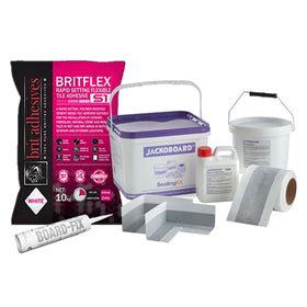 Tanking kit for XPS foam trays including sealing tape, corner pieces, liquid sealant, and application tools for wet room shower installations.