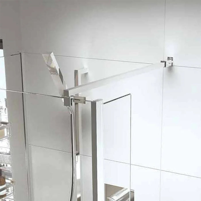 Roman Haven square bracing bar in polished chrome finish, providing sturdy support for a frameless shower screen installation.