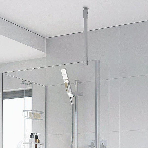Roman Haven square bracing bar in polished chrome finish, providing sturdy support for a frameless shower screen installation.