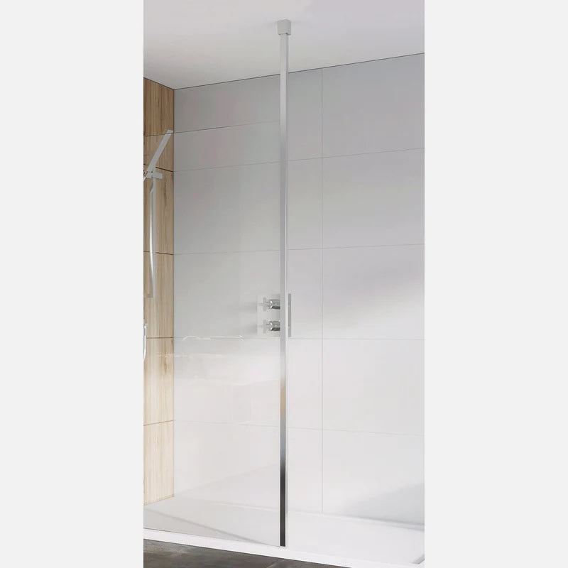 Full-length floor-to-ceiling Roman Haven square bracing bar in a minimalist chrome design, securing a frameless shower enclosure.