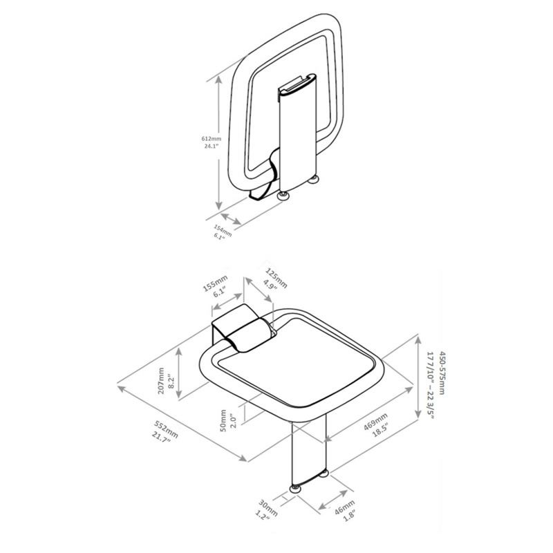 Technical drawing of Ropox shower seat with dimensions