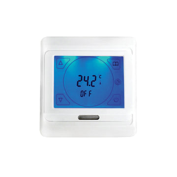 SunStone SS-Touchscreen Underfloor Heating Thermostat in white with a blue digital display, offering precise temperature control for home heating systems.