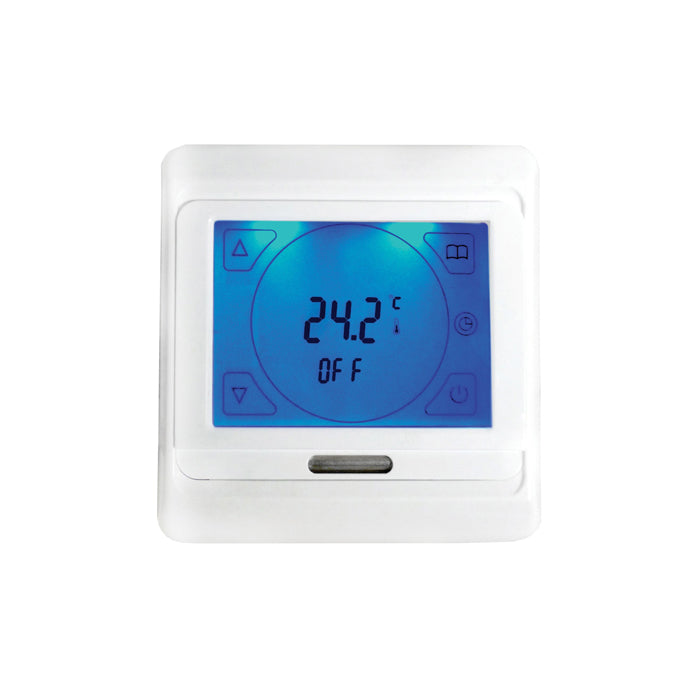 SunStone SS-Touchscreen Underfloor Heating Thermostat in white with a blue digital display, offering precise temperature control for home heating systems.