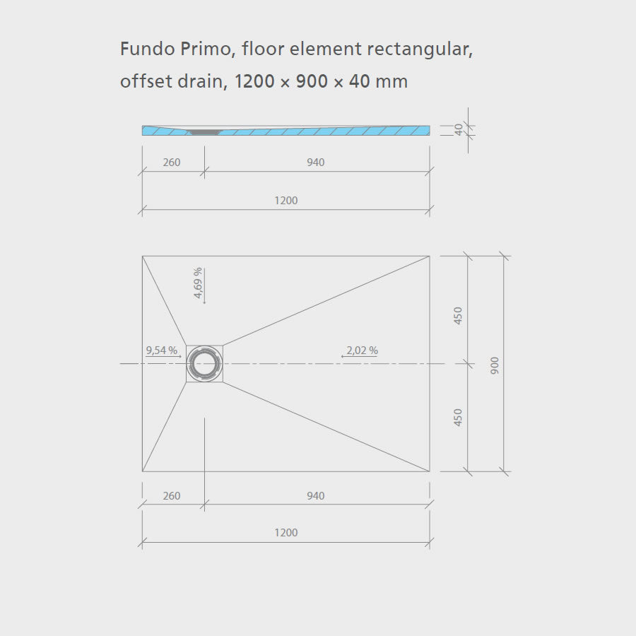 wedi Fundo Primo Wet Room Shower Tray: 1200 x 900 x 40mm - OFFSET