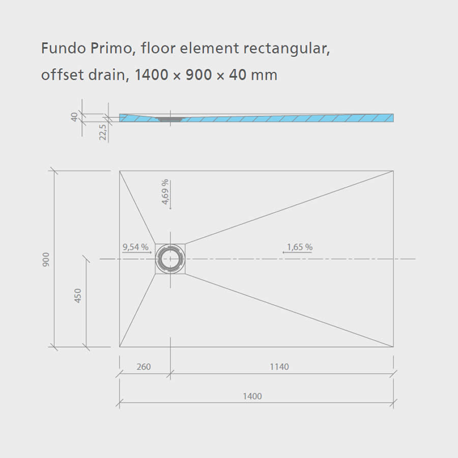 wedi Fundo Primo Wet Room Shower Tray: 1400 x 900 x 40mm - OFFSET