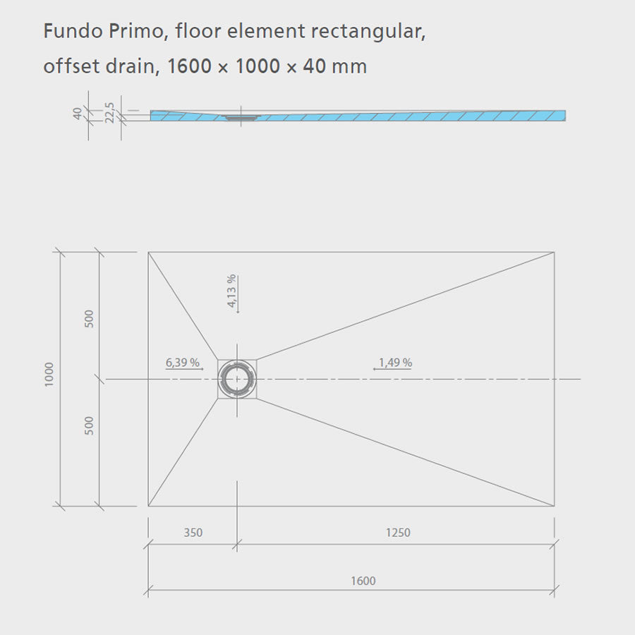 wedi Fundo Primo Wet Room Shower Tray: 1600 x 1000 x 40mm - OFFSET