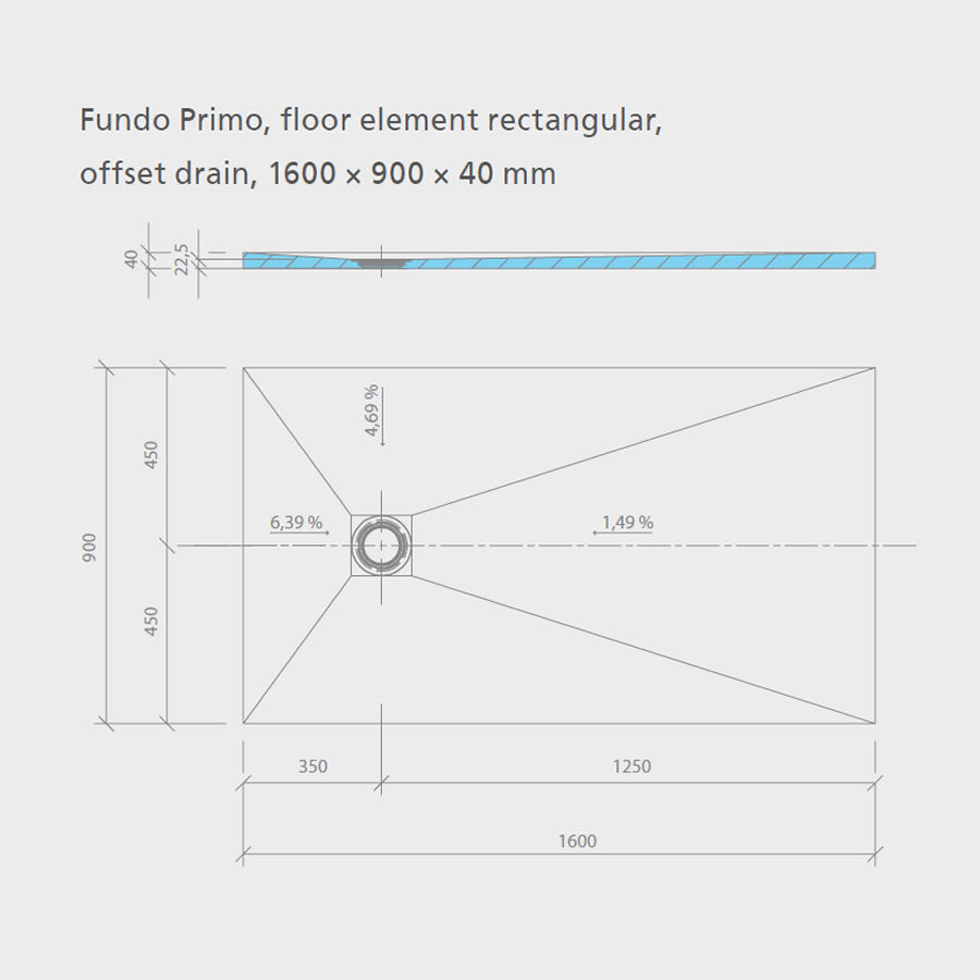 wedi Fundo Primo Wet Room Shower Tray: 1600 x 900 x 40mm - OFFSET