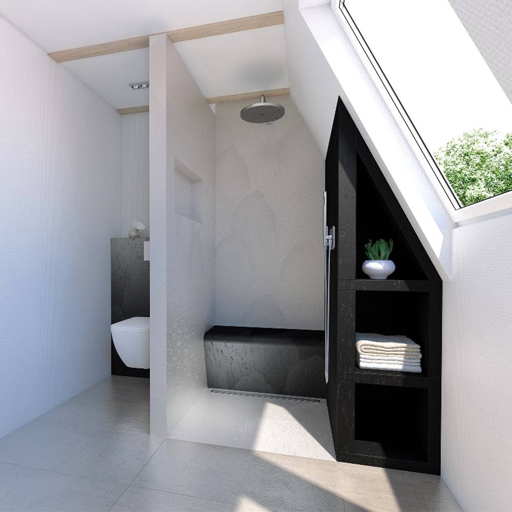 wedi Sanoasa Bench - Wet Room Shower Seat - Rounded fitted in a sloped ceiling bathroom, providing stylish and functional shower seating.