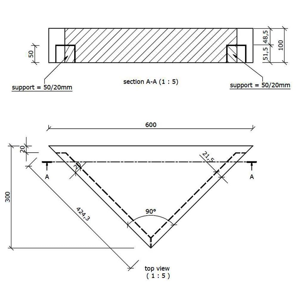 Technical drawing of 600mm wedi Sanoasa tileable corner shower seat showing dimensions, support structure, and installation specifications.