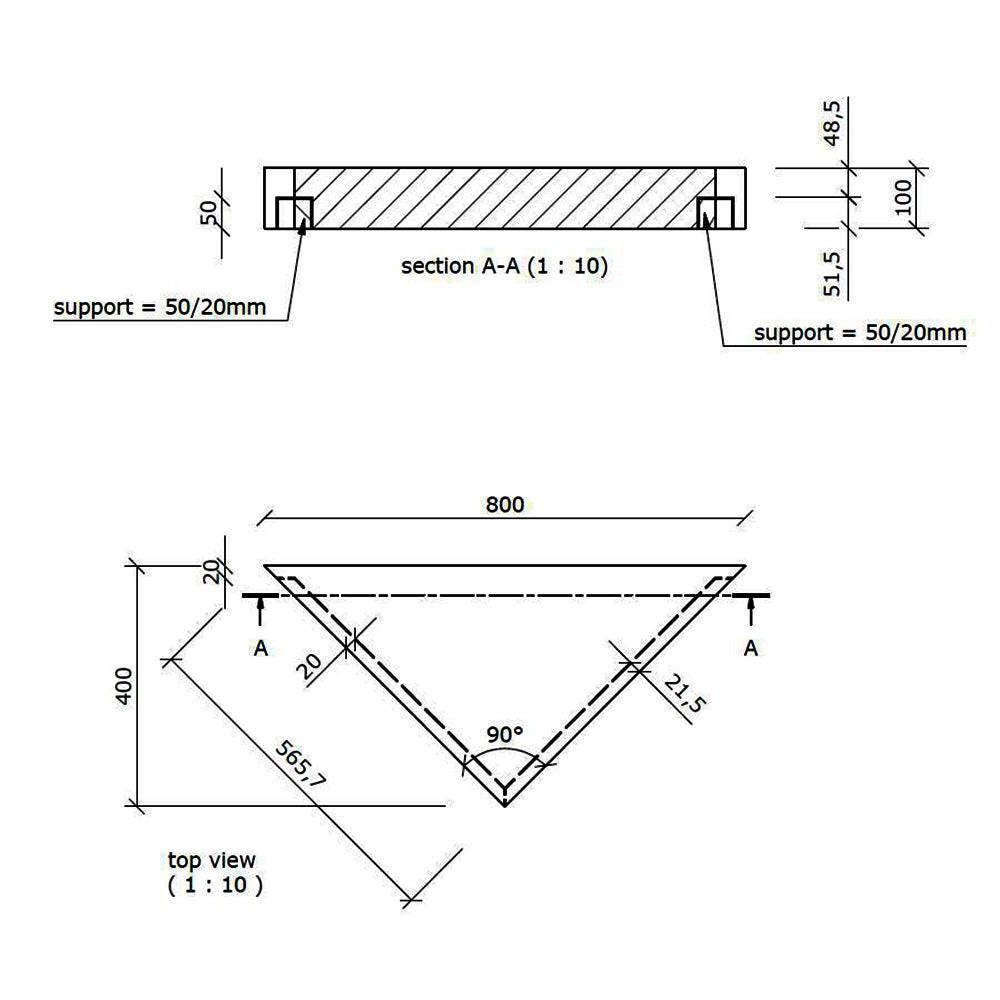Detailed schematic of 800mm wedi Sanoasa corner shower seat with measurements and cross-section for wet room installation planning.