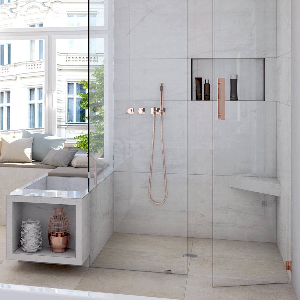 Installed wedi Sanoasa corner shower seat in a modern wet room with glass enclosure, offering a sleek and accessible seating solution.