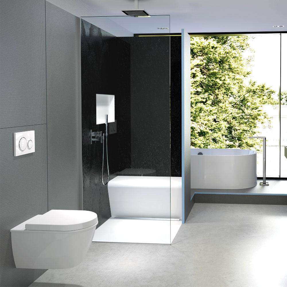 wedi Sanoasa Bench - Wet Room Shower Seat - Rounded in a glass-enclosed shower, enhancing comfort and accessibility in a contemporary space.
