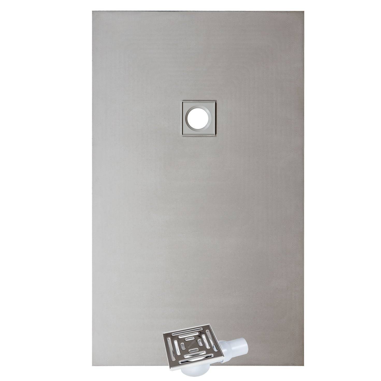 WetBase® walk-in shower tray 1200 x 800mm with offset drain and stainless steel cover, ideal for tiled wet rooms on wood or concrete floors.