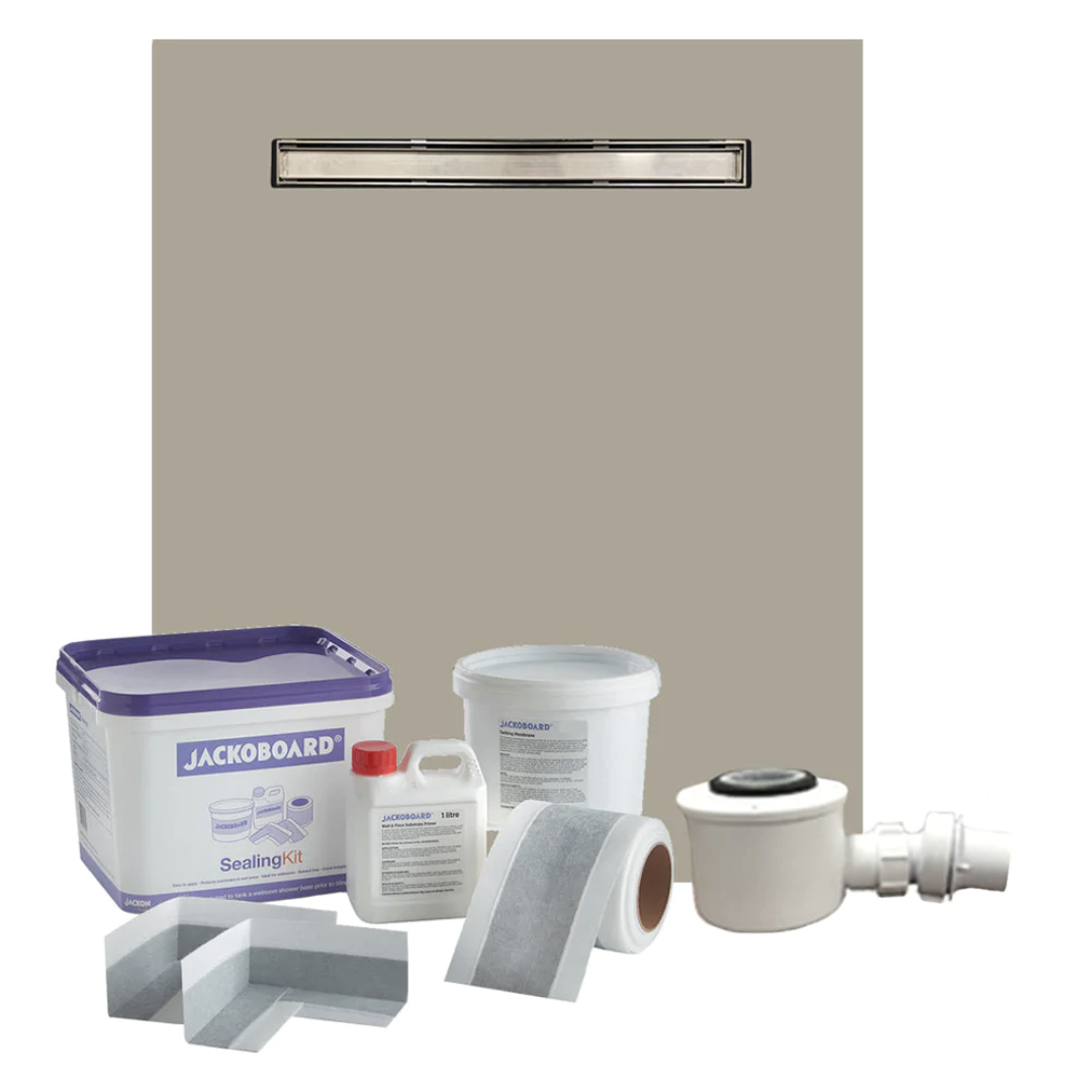 Shower tray kit with sealing materials and drain components.