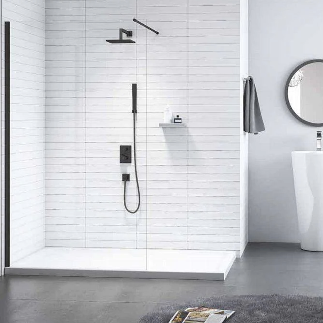 Modern minimalist shower with sleek black fixtures.