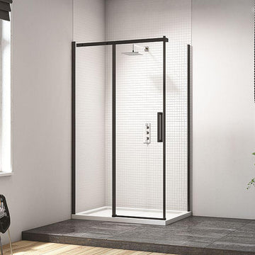 Sleek black-framed shower enclosure with modern design and glass panels.
