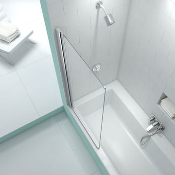 Modern bathroom with a sleek glass bath screen and white tiles.