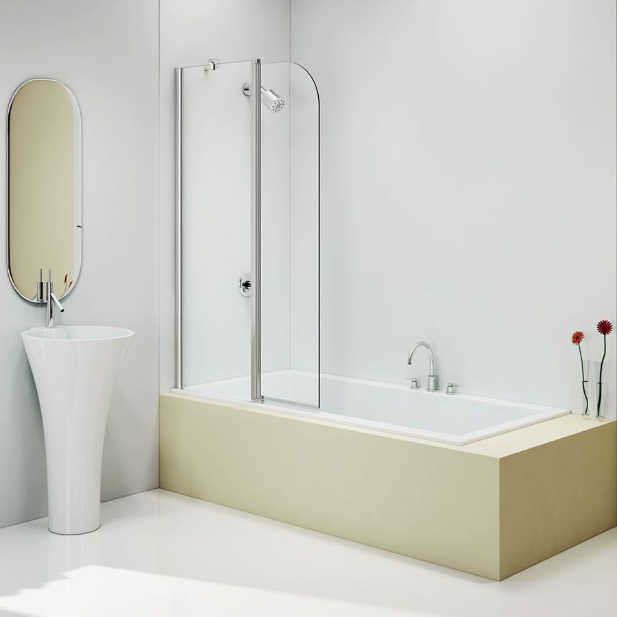 Modern bathroom with a sleek over-bath shower screen and minimalist design.