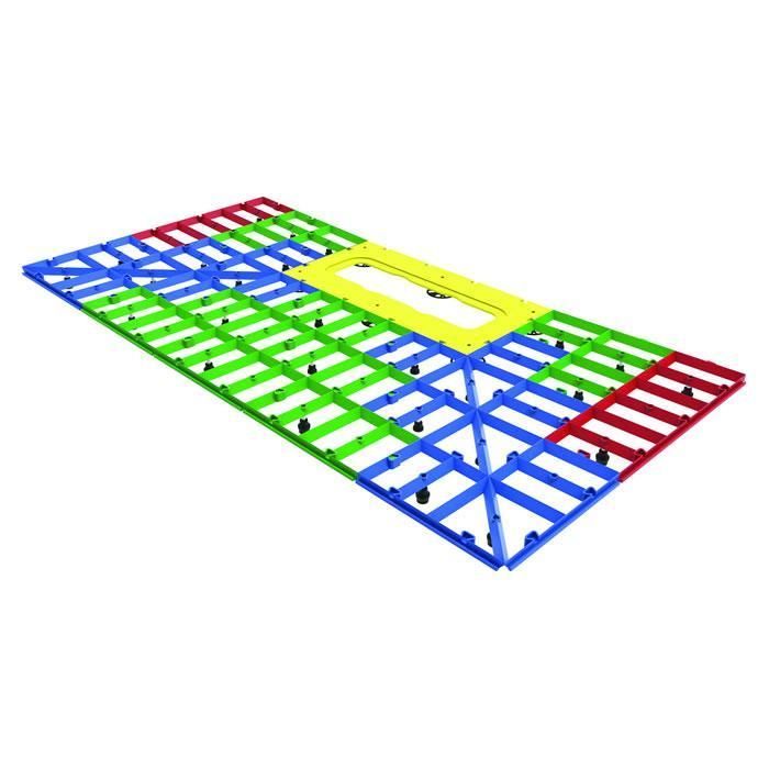 Colorful modular grid system with central yellow section and adjustable supports.