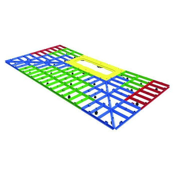 Colorful modular grid system with central yellow section and adjustable supports.