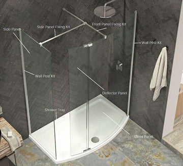 Kudos shower screen with deflector panels and fixings in modern bathroom.