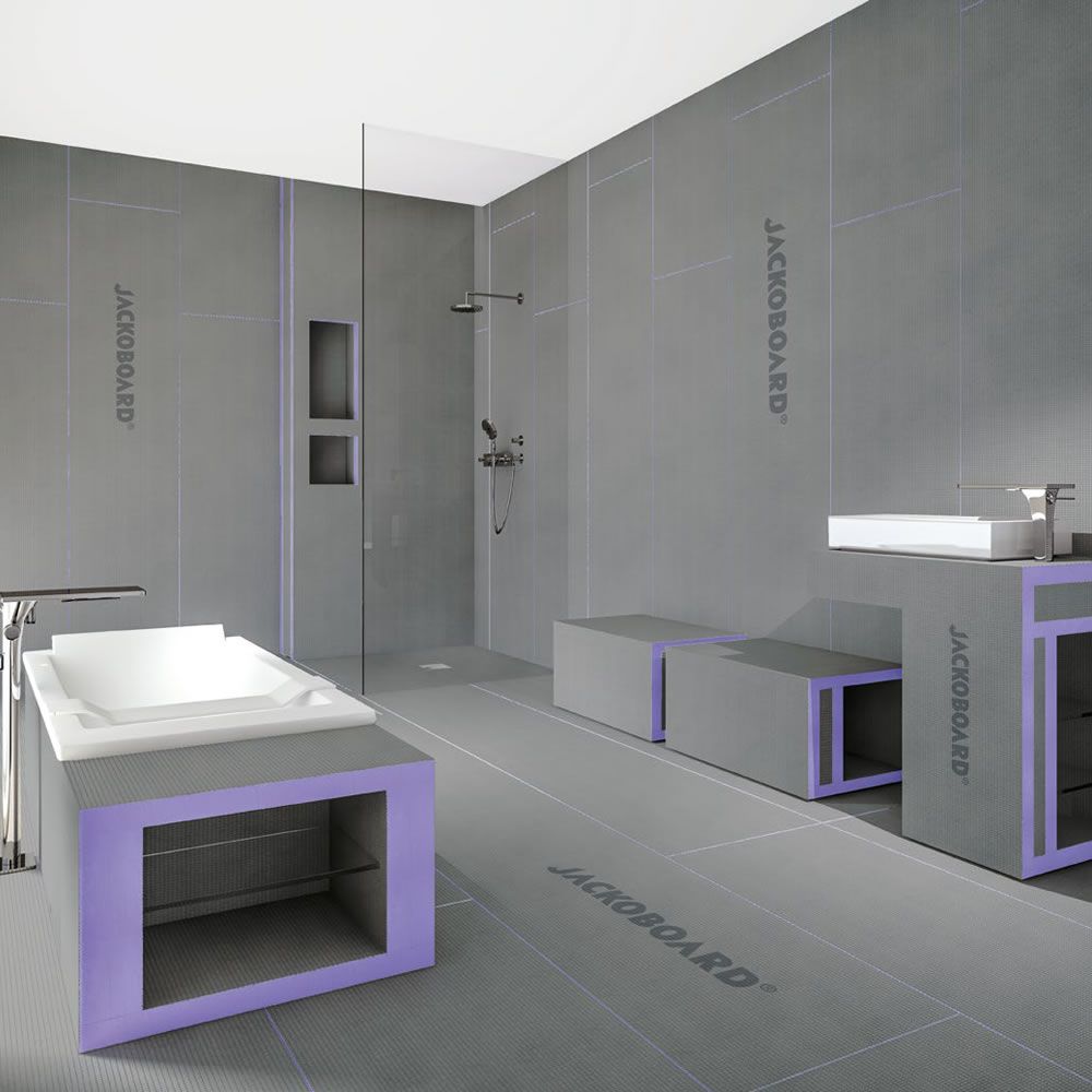 Modern bathroom with JackoBoard tile backer systems and sleek fixtures.