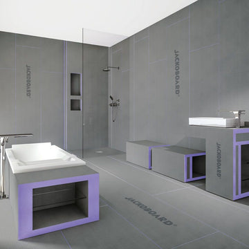 Modern bathroom with JackoBoard tile backer systems and sleek fixtures.