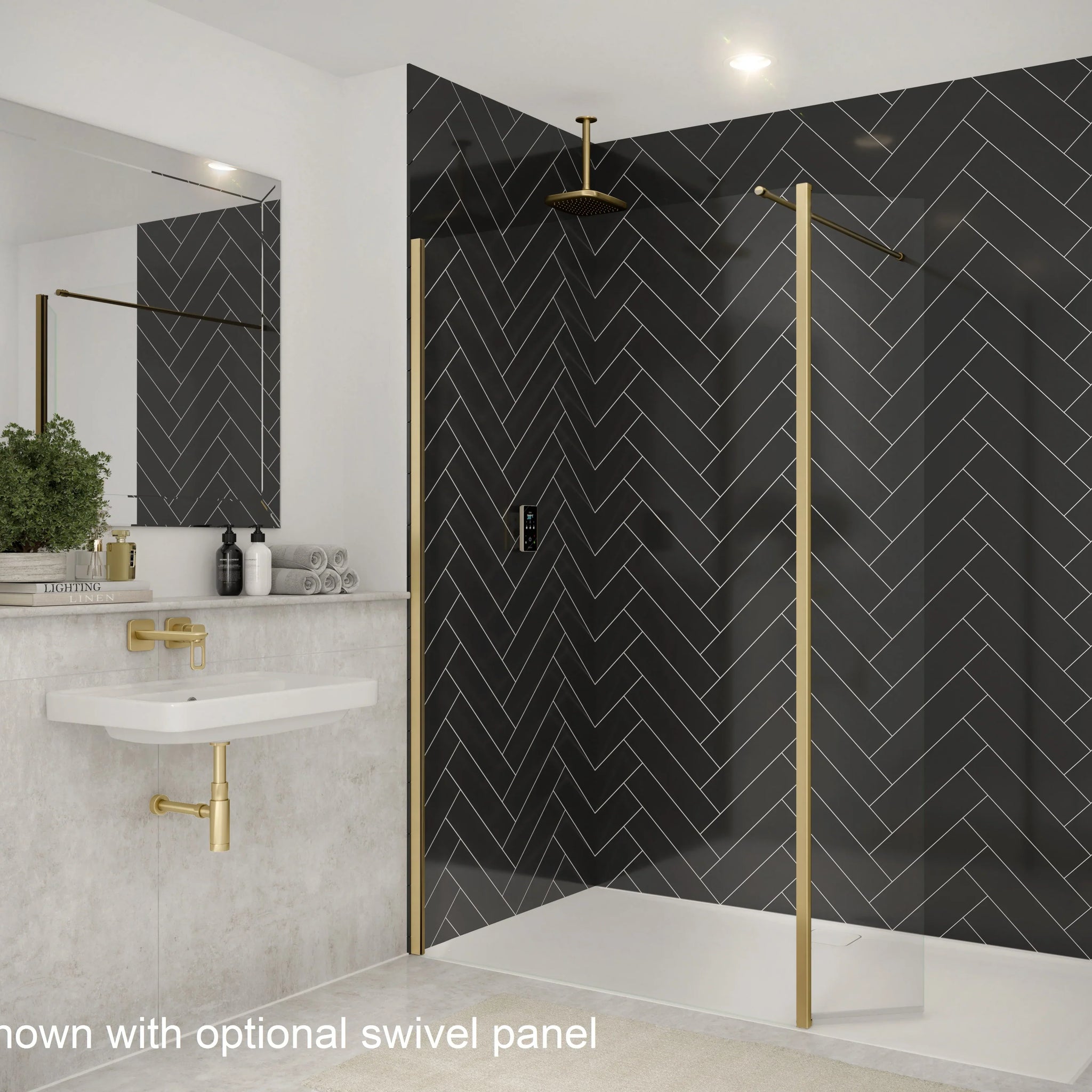 Modern bathroom with black herringbone shower wall and gold fixtures.