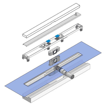 Exploded view of a linear wet room shower floor drain channel system.