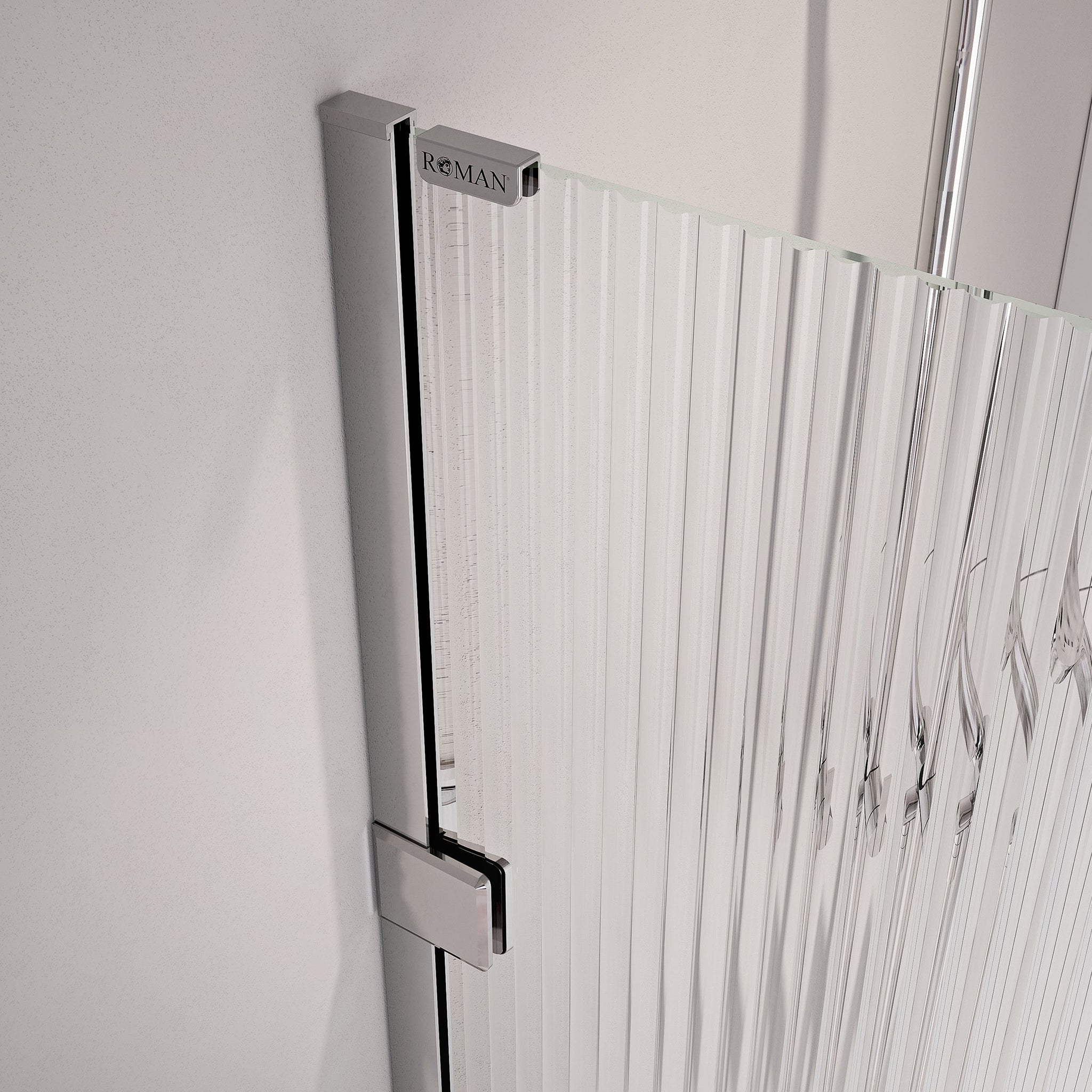 Fluted glass panel with sleek metal hinge on a white wall.